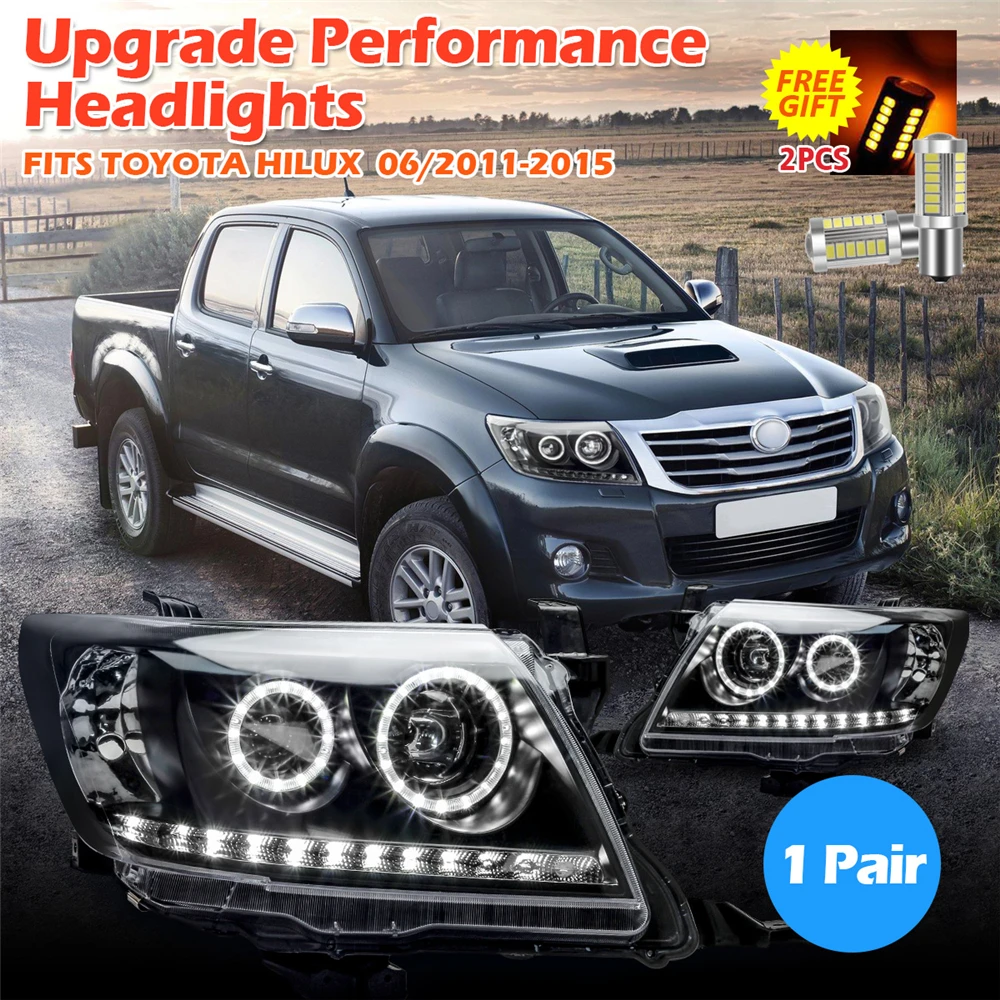 Pair Headlights Black DRL HALO Projector Lamp Angel Eyes for Toyota HILUX 2005 2006 2007 2008 2009 2010 2011 2012 2013 2014 2015