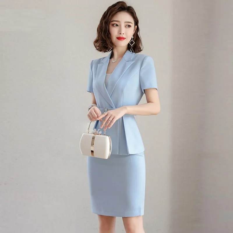 

Skirt Suit Women Summer New Fashion Short Sleeve Ol Ladies Blazer Skirt Two Piece Set Office Uniform Business Work Outfit DD2793