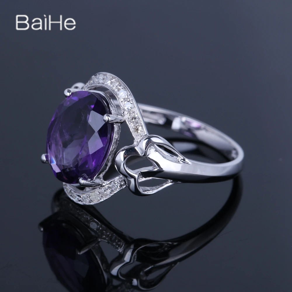 BAIHE Solid 14K White Gold Natural Amethyst rings for women Engagement Prom Party Trendy Fine Jewelry anillos bague anel кольца