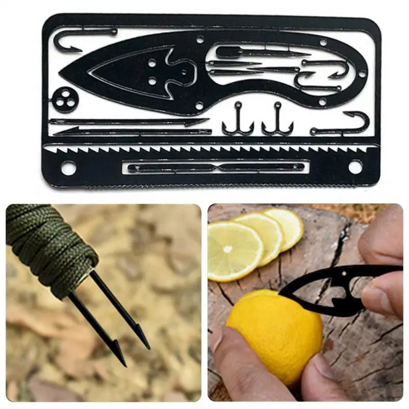 Outdoor Multi-purpose Stainless Steel Tool Card Trap Button Saw Blade Fish Hook/Fork Knife Blade Outdoor Camping Emergency Tool