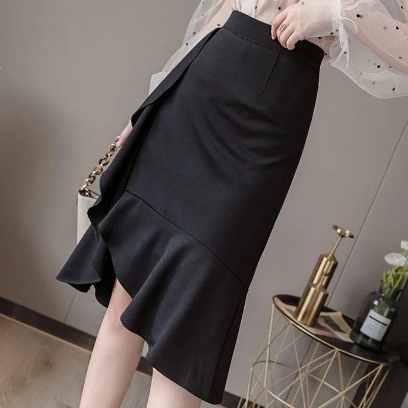 

Ladies Office High Waist Ruffles Mermaid Midi Wrap Skirt Black New Fashion Women Summer Asymmetrical Slim Fit Elegant Skirts