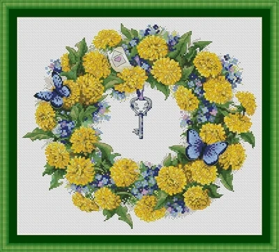 

Yellow Butterfly Key Counted Cross Stitch Kits, DIY Embroidery Needlework Sets, Wreath Series, 11CT, 14CT, 18CT