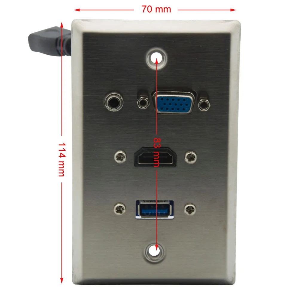 1 Gang Solid Style Stainless Steel Metal VGA HDMI 3.5mm Audio USB 3.0 Wall Plate With 20CM Short Cable