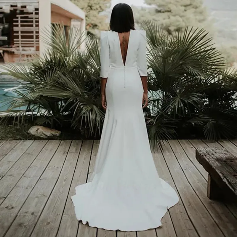 Abiti da sposa in raso Boho maniche a 2021 scollo a v Backless Beach abiti da sposa Sweep Train Simple Plus Size Vestido De festa