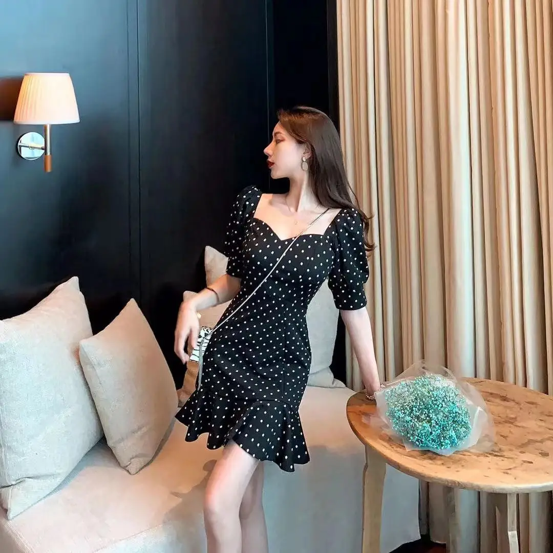 2021 Women Summer Sexy Off-shoulder Dress Vintage Polka Dot Short Puff Sleeve Dresses Look-slim A-Line V-Neck Vestidos Mujer