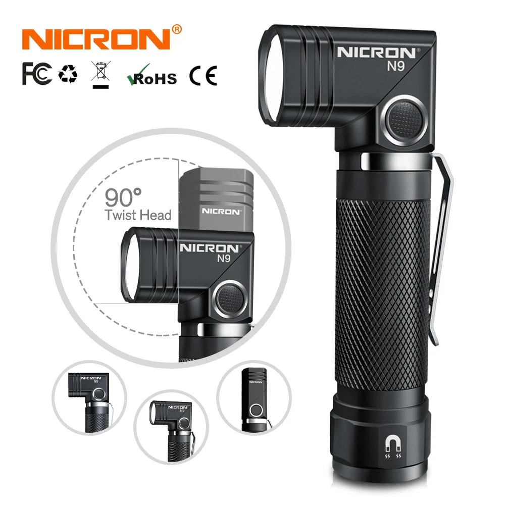 NICRON N9 LED Flashlight Tactical 90 Degree Twist 1000LM High Lumens Waterproof IP65 Magnet Mini Torch Light Outdoor