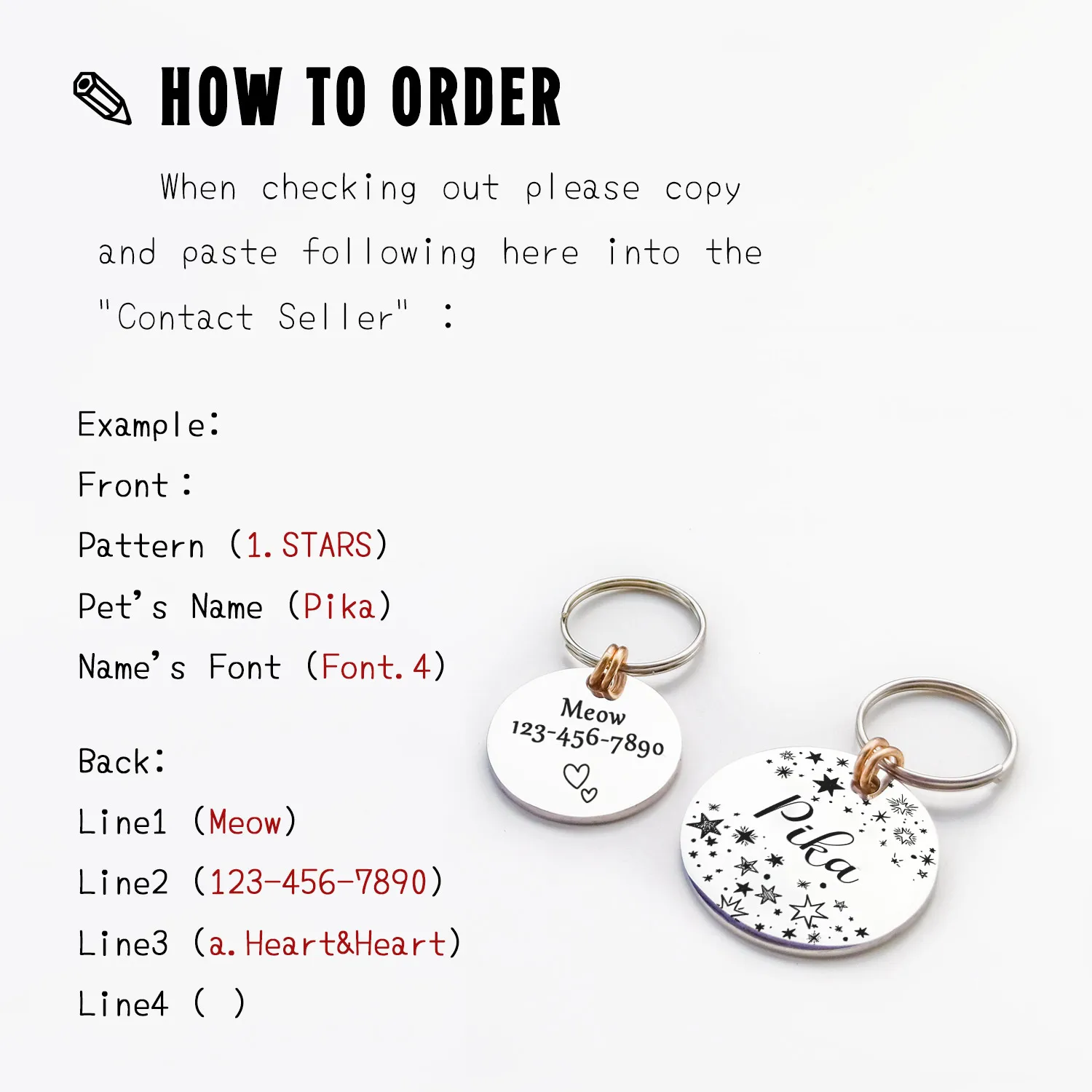 Etiqueta de identificación personalizada para gato y perro, accesorio grabado de doble cara con fuente artística MW002 para Collar de mascota