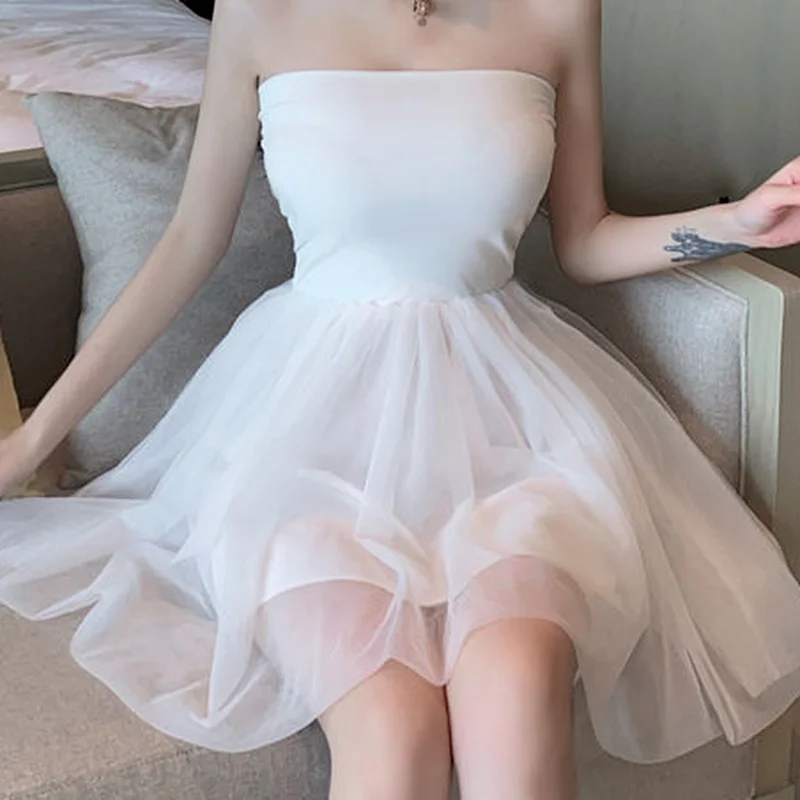 Dress Women Mini Ball Gown Solid Color Elegant Elasticity Female Party All-match Princess Strapless Girls Mesh Sexy Sundress Ins