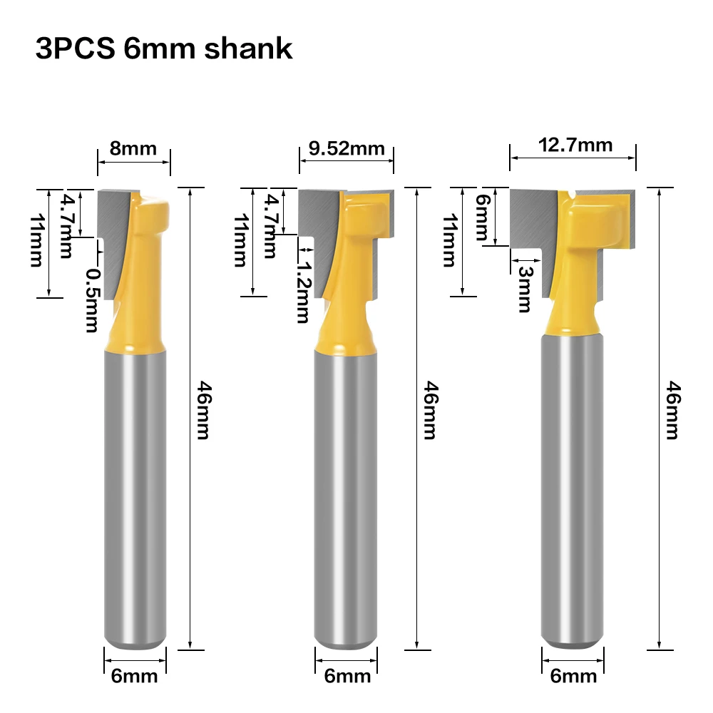3ชิ้น1/4 "6มิลลิเมตรก้าน T-Slot คัตเตอร์ดอกเราเตอร์ชุดดอกสว่านหัวแบนหกเหลี่ยมสำหรับงานไม้