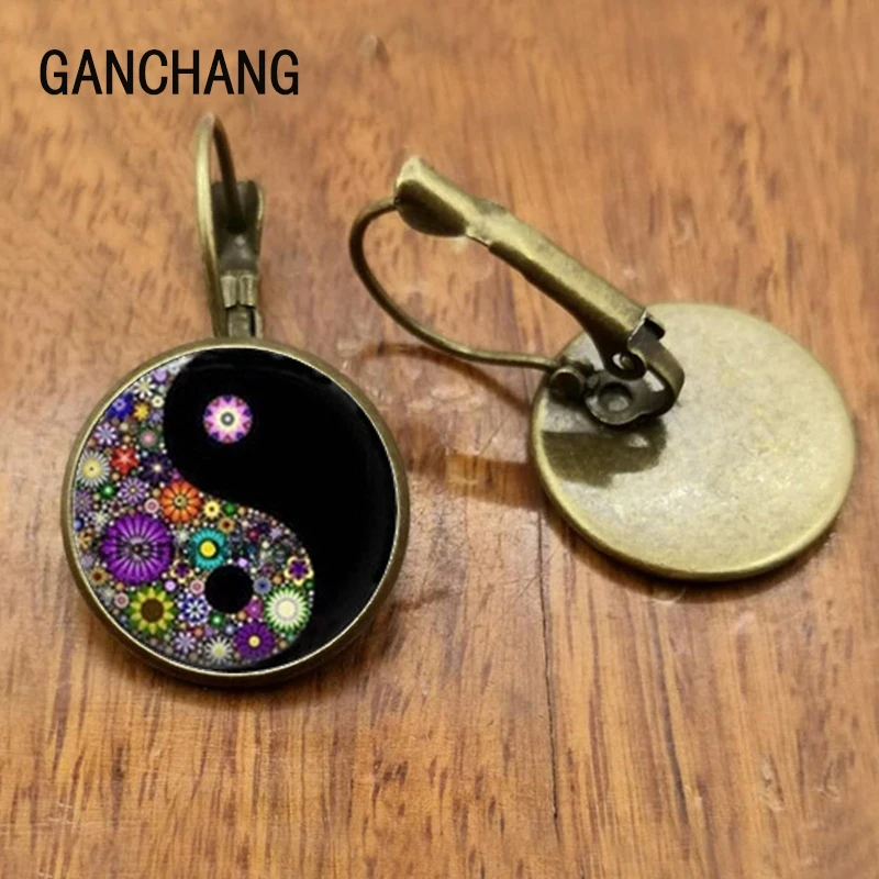 Ying Yang Mandala Glass Dome Cabin Pendant Earrings Vintage Bronze Lever Back Earrings Women's Girls Gifts