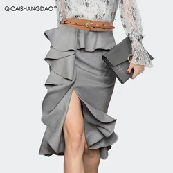 Mid-Length Ladies Skirts 2021 Spring Summer New Fashion High Waist Irregular Ruffle Split Pencil Skirt Sexy O-Shape Office Skirt