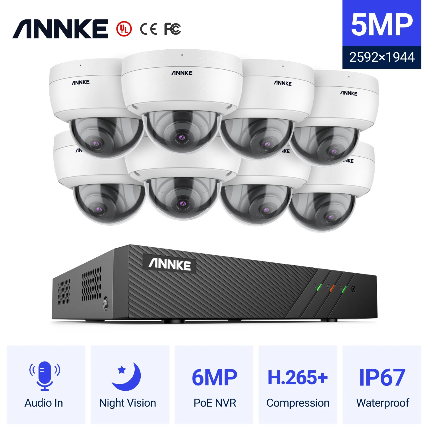 ANNKE 8CH FHD 5MP POE Network Video Security System H.265+ 6MP NVR With 8X 5MP Waterproof Surveillance POE Cameras With Audio in