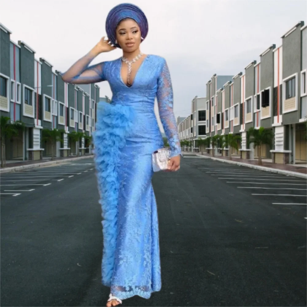 Aso Ebi – robe de soirée grande taille, Style arabe, Sexy, col en V, dentelle, manches longues, bleu pur, bal de promo, deuxième réception, 2022