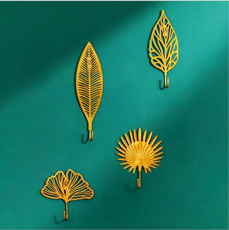 

2pc/Lot Golden Color Leaf design Wall Hook Iron Coat Hanger Hand-painted Resin Hook High Quality Key Hanger Home Decoration