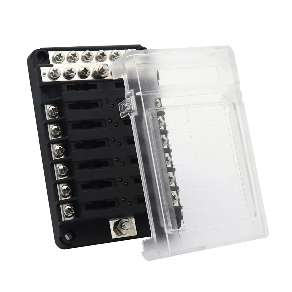 12V 32V 12Way Fuse Box With Negative Busbar Plastic Cover Fuse Box Holder M5 Stud With LED Indicator Suitable For Car Truck Ship