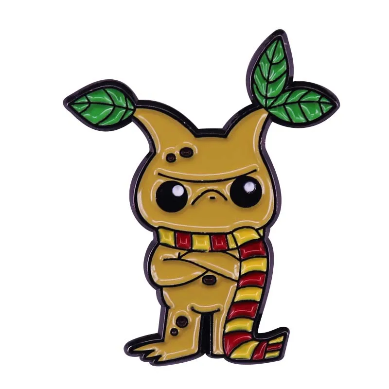 Broche de mandrágora de casa rabugenta com pino de lenço hufflepuff