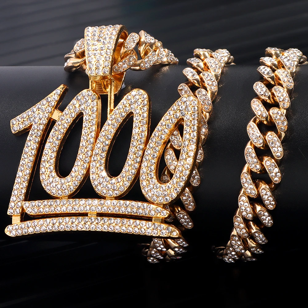 Iced Out Bling Rhinestone 1000 Number Pendant Necklace for Men Women with 13mm Crystal Miami Cuban Chain HipHop Necklace Jewelry