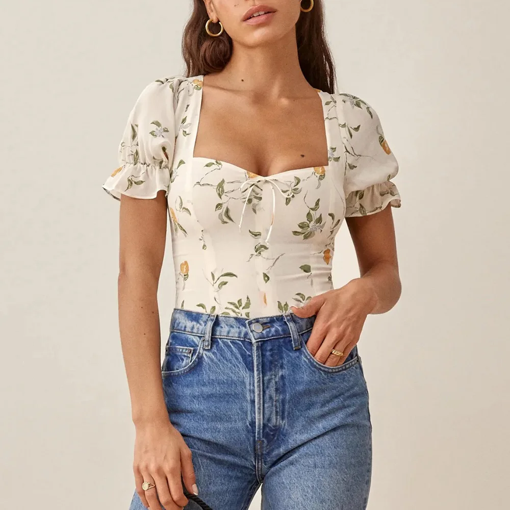 

Summer Tops For Women 2021 Sweetheart Neck Tie Bow Fruit Print Blouses Back Smocked Short Puff Sleeve Elegant Chiffon Blouse