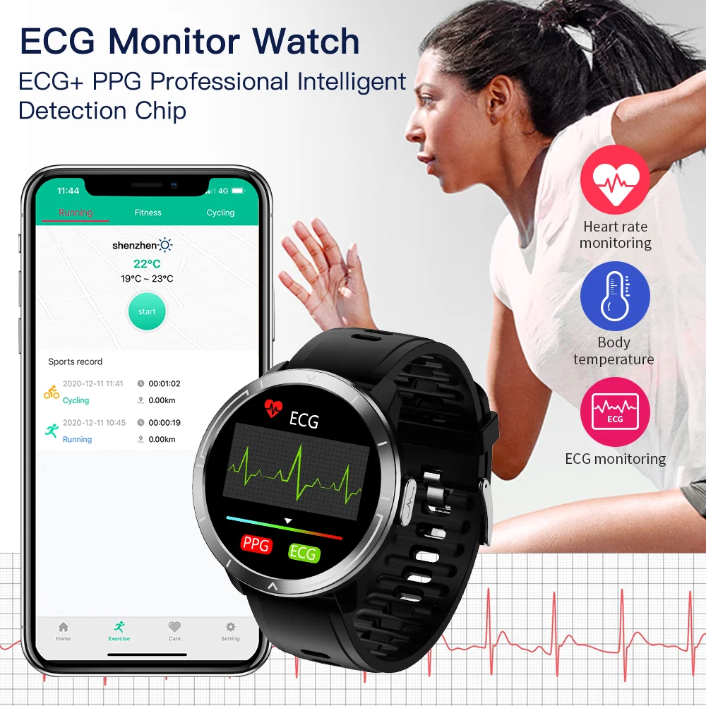 Reloj inteligente PPG ECG para hombre y mujer, accesorio de pulsera resistente al agua IP67 con control del ritmo cardíaco y de la temperatura corporal, completamente táctil