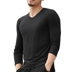 T-shirt Men Long Sleeve Shrink-resistant Solid Color V Neck Bottoming Shirt Pullover Top Long Sleeve Stretchy Slim T-shirt Men