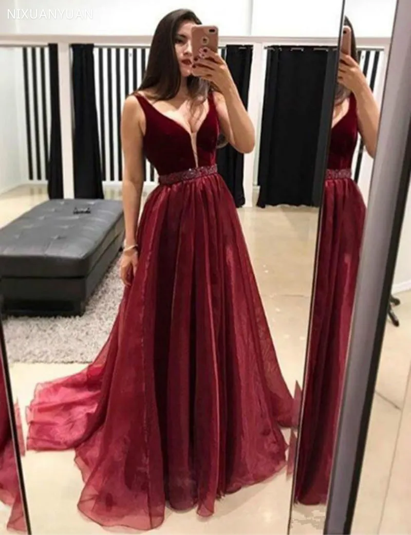 Burgund Prom Kleider 2021 Lange EINE Linie Samt Organza Perlen Bodenlangen Formale Abendkleider Vestidos De Fiesta Party Kleider