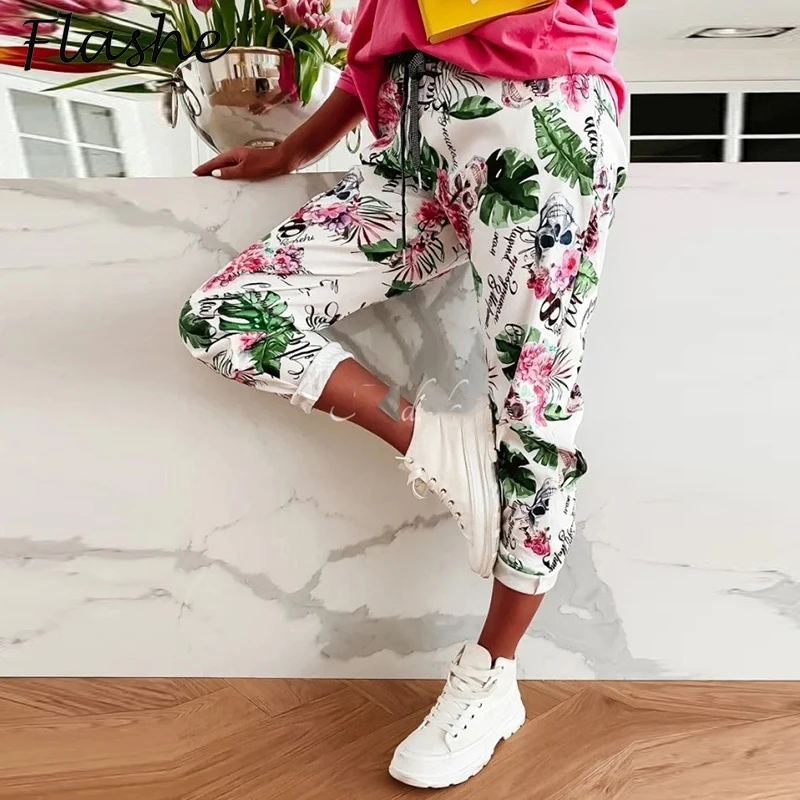 

Spring Summer Pants Women New Vintage Flower Print Elastic Waist Sweatpants Casual Loose Pants Female Trousers Streetwear 2021