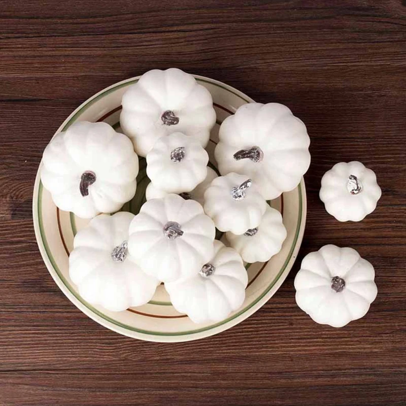 12 Pcs Mini White Pumpkin Halloween Decorative Desktop Ornaments Artificial Cushaw Fall Autumn Squash Party Supplies