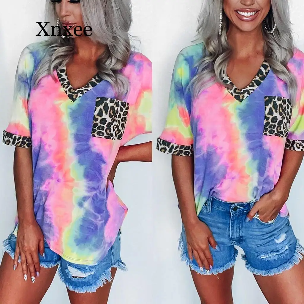 

Pink Women Casual Tie-Dye T Shirt Summer Leopard Patchwork V Neck Short Sleeve Tops T-Shirts Female Camisetas Verano Mujer 2020