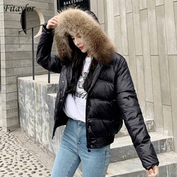 Fitaylor Women Winter New Large Real Fur White Duck Down Short Jacket Warm Thick Slim Coat Zipper Casual Solid Fashion Overcoat