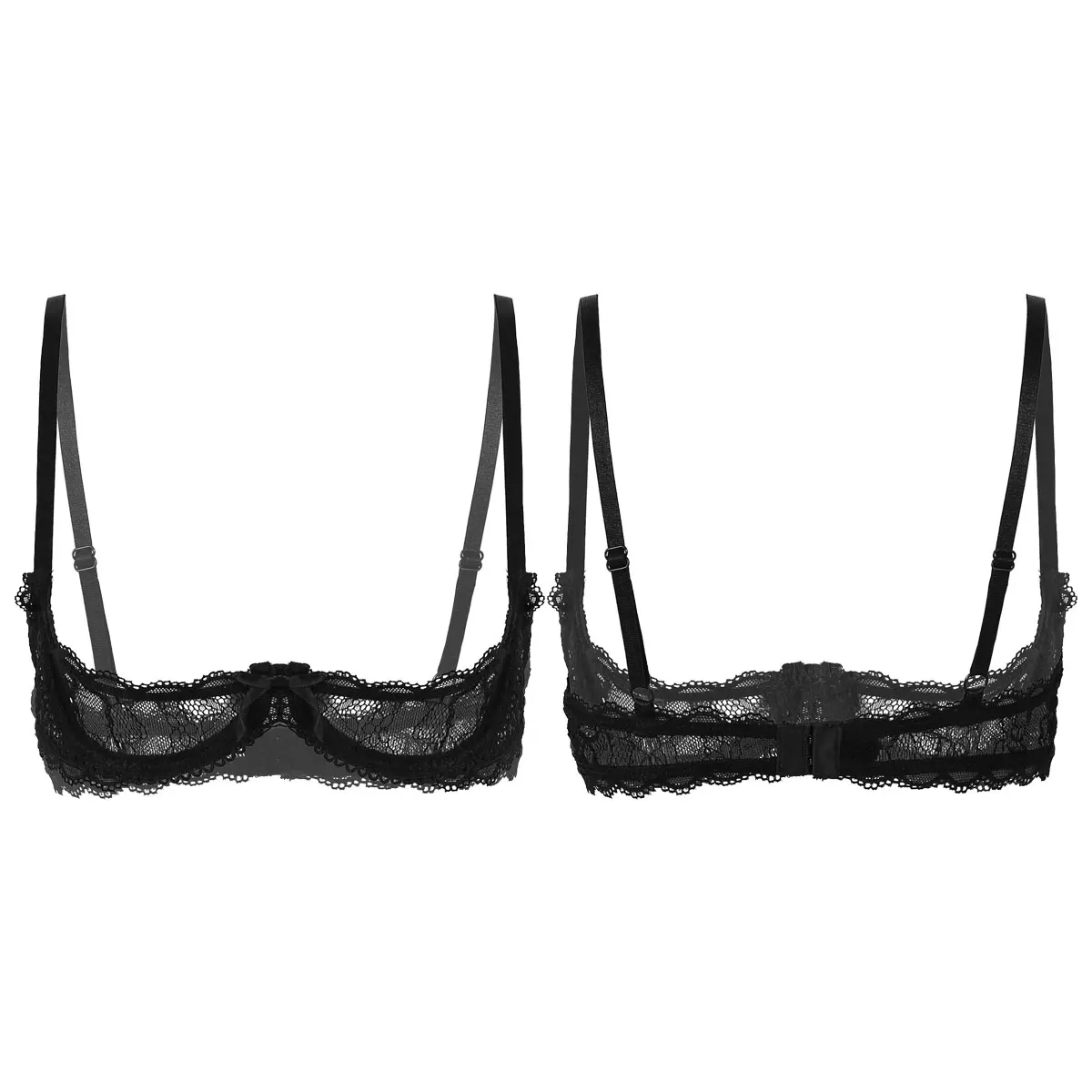 Women See Through Sheer Lace Hollow Out Lingerie Adjustable Spaghetti Shoulder Straps Open Cups Bra Push Up Underwire Bra Tops