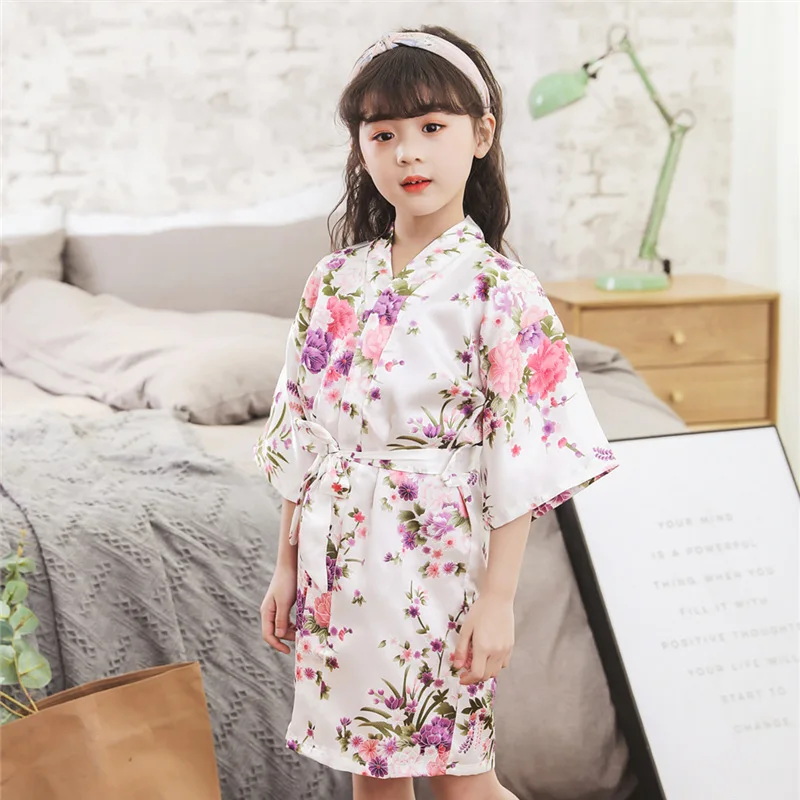 

White Print Flower Child Robe Nightgown Loose Lingerie Lounge Sleepwear Kimono Bath Gown Summer New Half Sleeve Short Negligee