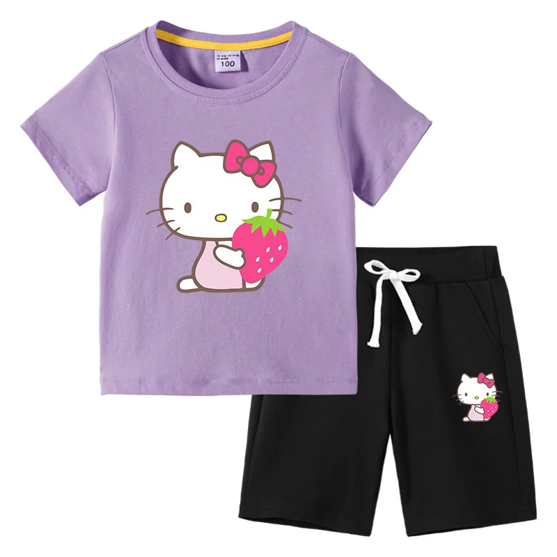 Hello Kitty Summer Cartoon Print T-shirt + Casual Pants Children's Cotton Short-Sleeved Two-Piece Suit Boys And Girls Can Wear