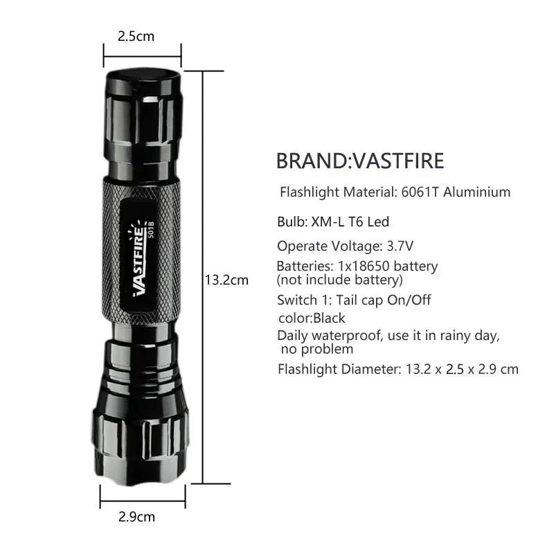 VASTFIRE-501B LED 손전등, 2000 루멘 방수 화이트 토치, 휴대용 랜턴, 야외 전술 사냥용 손전등