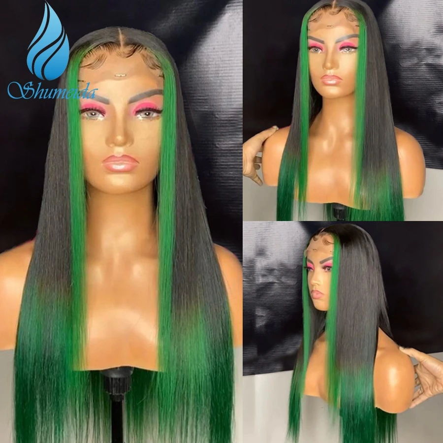 Shumeida Highlight Green Color 13*4 Lace Front Human Hair Wigs Brazilian Remy Human Hair Gluelss Wigs for Women wirh Baby Hair