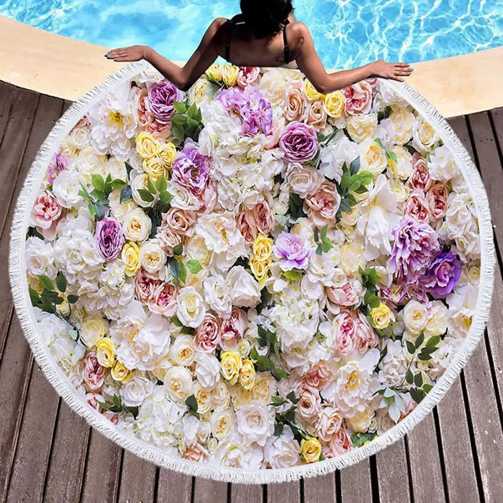 

Flower Rose Bush Pink Beach Bath Towel Round Sea Blanket Seaside Yoga Carpet Picnic Mat Absorbent Manteau Cover Cloak