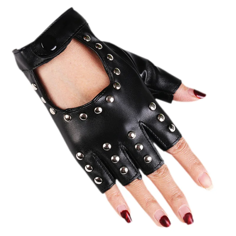 

Women Rivet Stage Performance Nightclub Punk Leather Half Finger Gloves Pole Dance Personality Hip Hop Queen Wear-Resistant