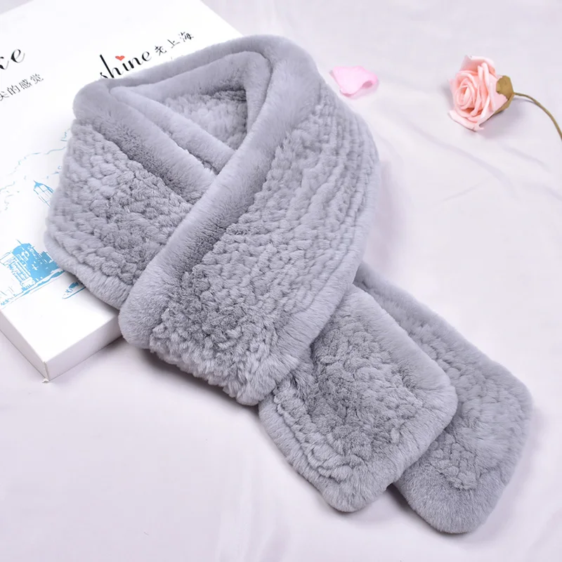 Besfilin Long Style Real Rex Rabbit Fur Scarves Double Faced Knitted Unisex for Men and Women Keep Warm in Autumn and Winter