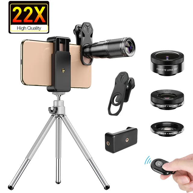 APEXEL 22X Teleobjektiv Kit 4in1 Makro Breite Fisheye-objektiv Mit Stativ Zoom Monokulare Mobiltelefon Kamera Objektiv für iPhone Samsung