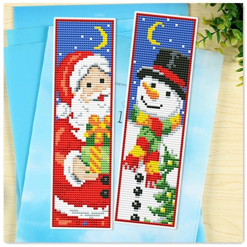 Santa Claus and Snowman cross stitch bookmark cotton silk floss counted 18ct 14ct Plastic Fabric needlework embroidery Craft kit