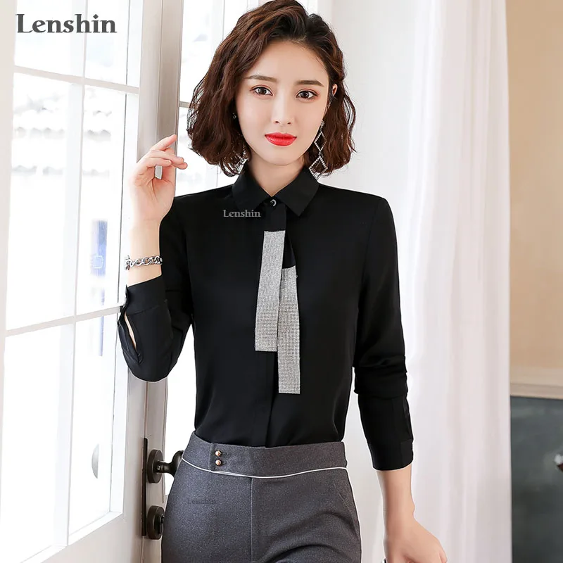 Lenshin Patchwork tie Shirts für Frauen Lose Bluse Mode Arbeit Tragen Büro Dame Weibliche Tops Chemise Lose stil