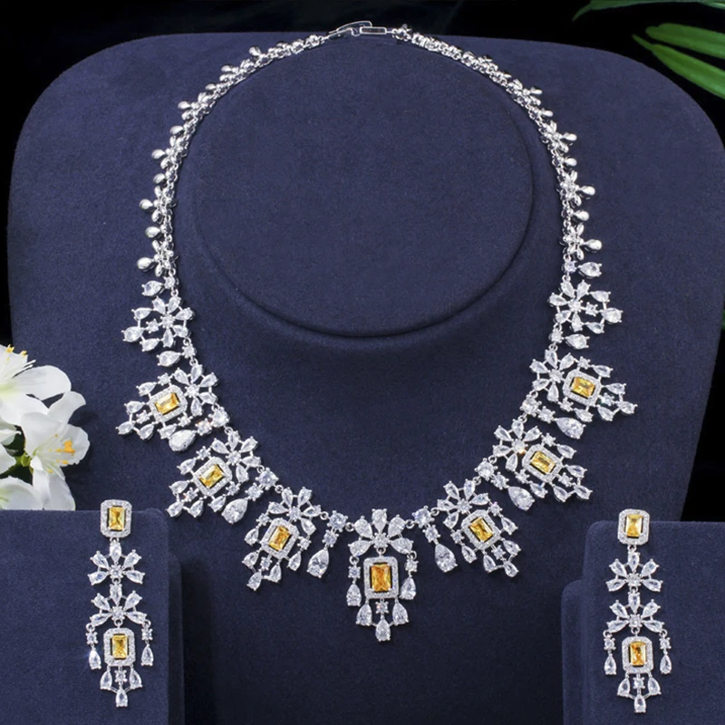 ThreeGraces Luxury Yellow Cubic Zirconia Long Dangle Earrings and Necklace Bridal Wedding Party Jewelry Set for Women T1005