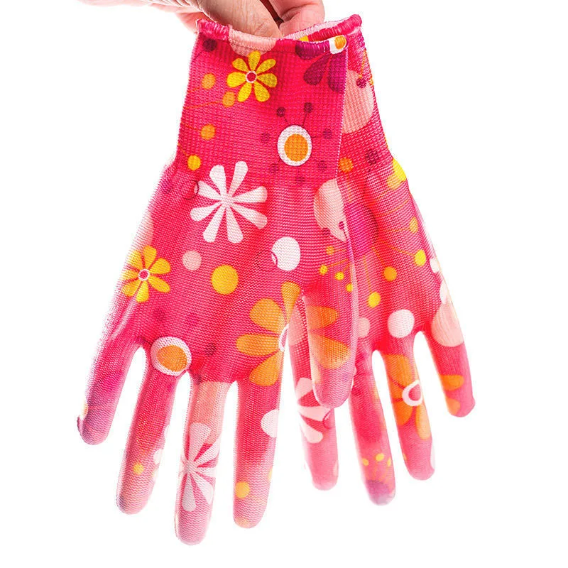 Women Gloves Non-Slip Housework Cleaning Breathable Gardening Flower Printed  PU  Palm Coated Household Full Finger