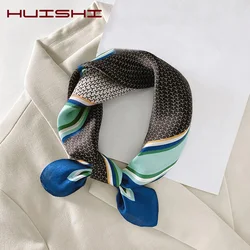 HUISHI – foulard carré en soie pour femmes, 53cm, imprimé à carreaux, petit col, bandeau de cheveux, Bandana, châle, dames de bureau