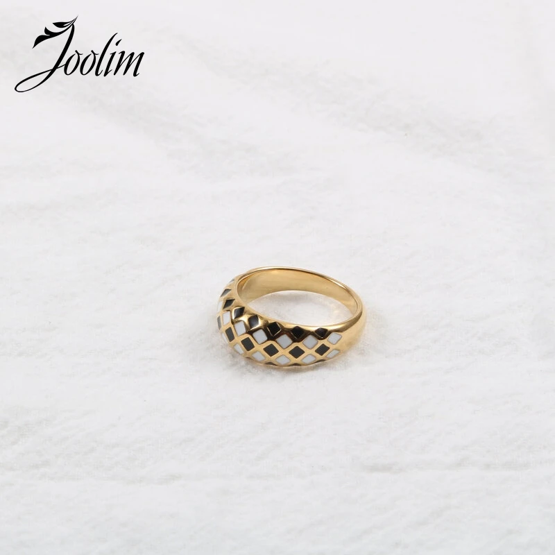 Joolim High End PVD Entry Lux Rhombus Check Black Enamel Ring For Women Stainless Steel Jewelry Wholesale