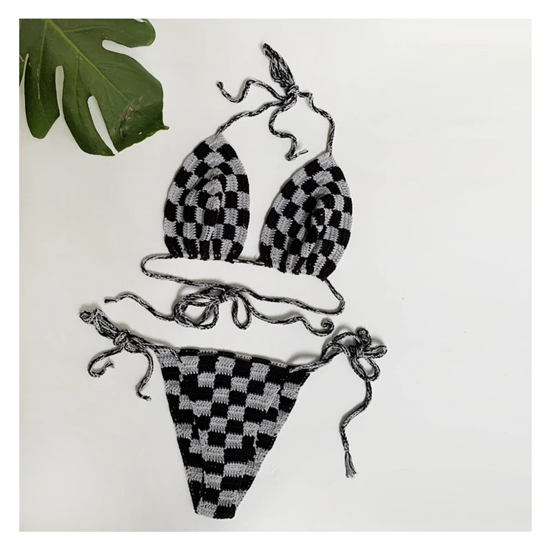 

Women Sexy Lace-up Swimwear Handmade Crochet Checker Bathingsuit Adjustable Cup Bikini Sets Black with Grey Color