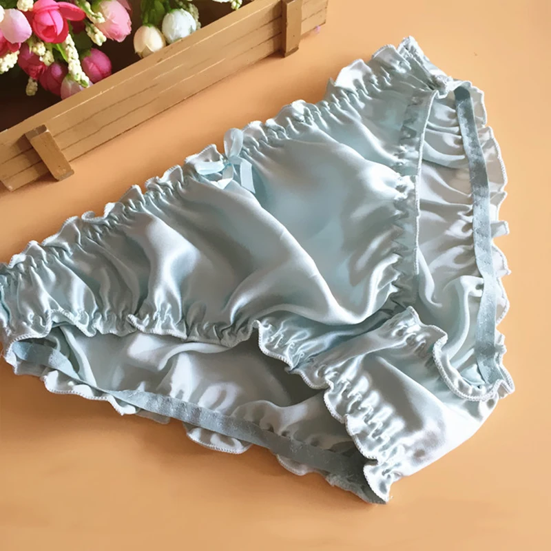 L-2XL 6Colors Silk Elastic Ruffles Bow Panties Lolita Elegant Comfortable Smooth Solid Women Briefs Underwear Lingerie