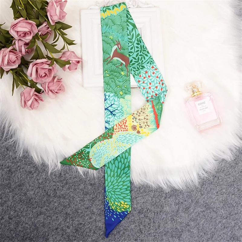 Deer In The Jungle Bag Scarf Design Silk Scarf Women Headband Fashion Scarves For Ladies Skinny Neckerchief Head Scarf