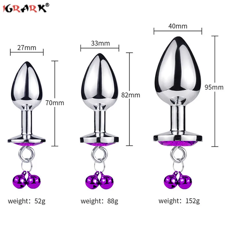 Crystal Heart Buttplug Stainless Steel Leash Chain Anal Plug Bells Pendant Prostate Massager SM Erotic Sex Toys For Women Men