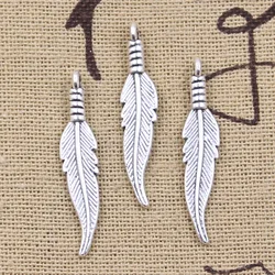 20pcs Charms Double Sided Feather 31x6mm Antique Bronze Silver Color Pendants Making DIY Handmade Tibetan Finding Jewelry