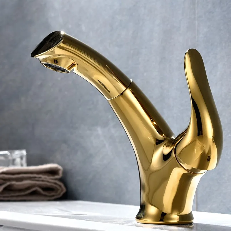 Brass Pull out Bathroom sink faucet Top Quality copper cold hot water basin mixer faucet Single handle Single hole basin tap